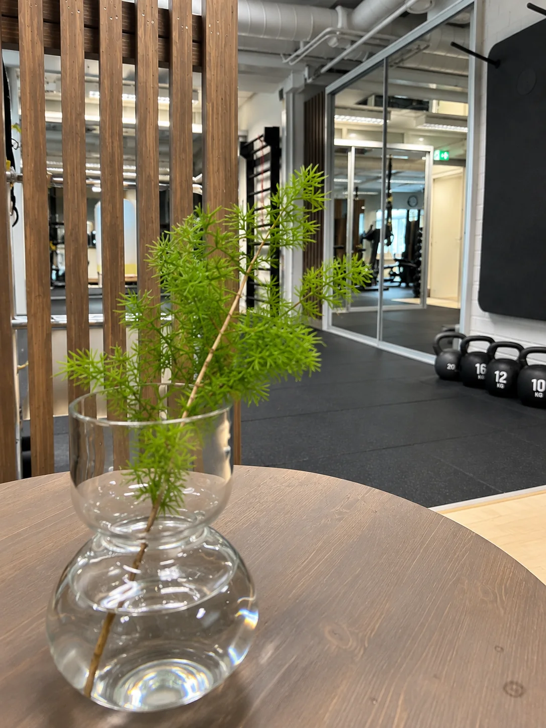Body & Mind Studion kuntosali, jossa puurimoitus rajaa tilaa ja peilit avartavat kokonaisuutta