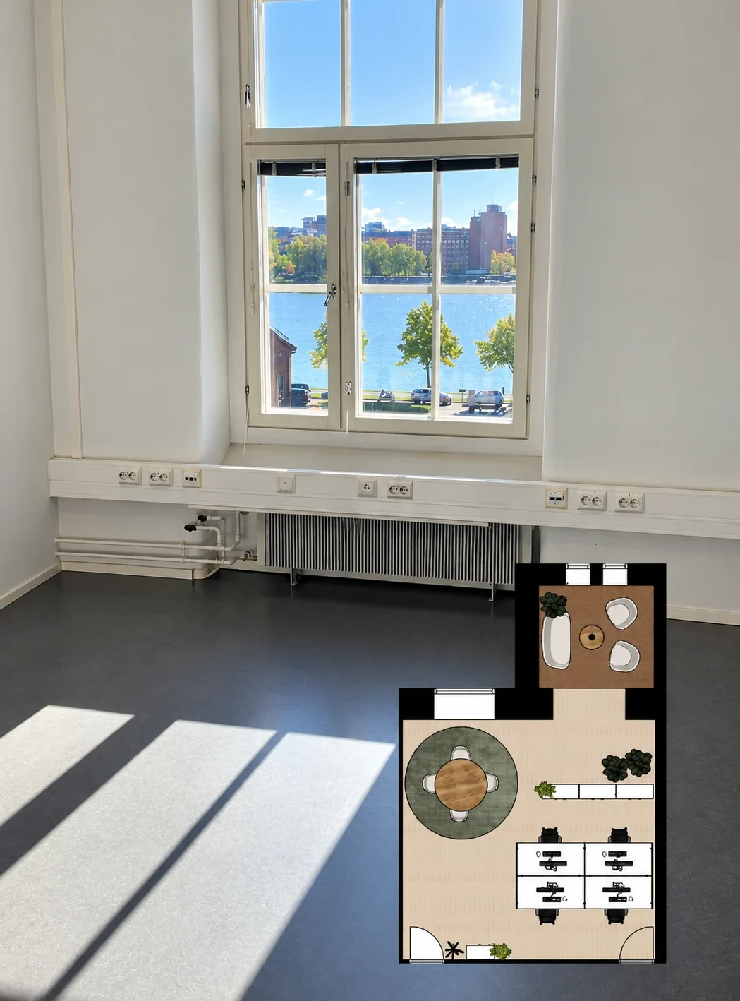Valoisa toimitila Palosaaren Yrityskeskuksessa Vaasassa. Suuresta ikkunasta avautuu merinäköala, ja kuvassa näkyy M.I. Design Studion kalustussuunnitelma.